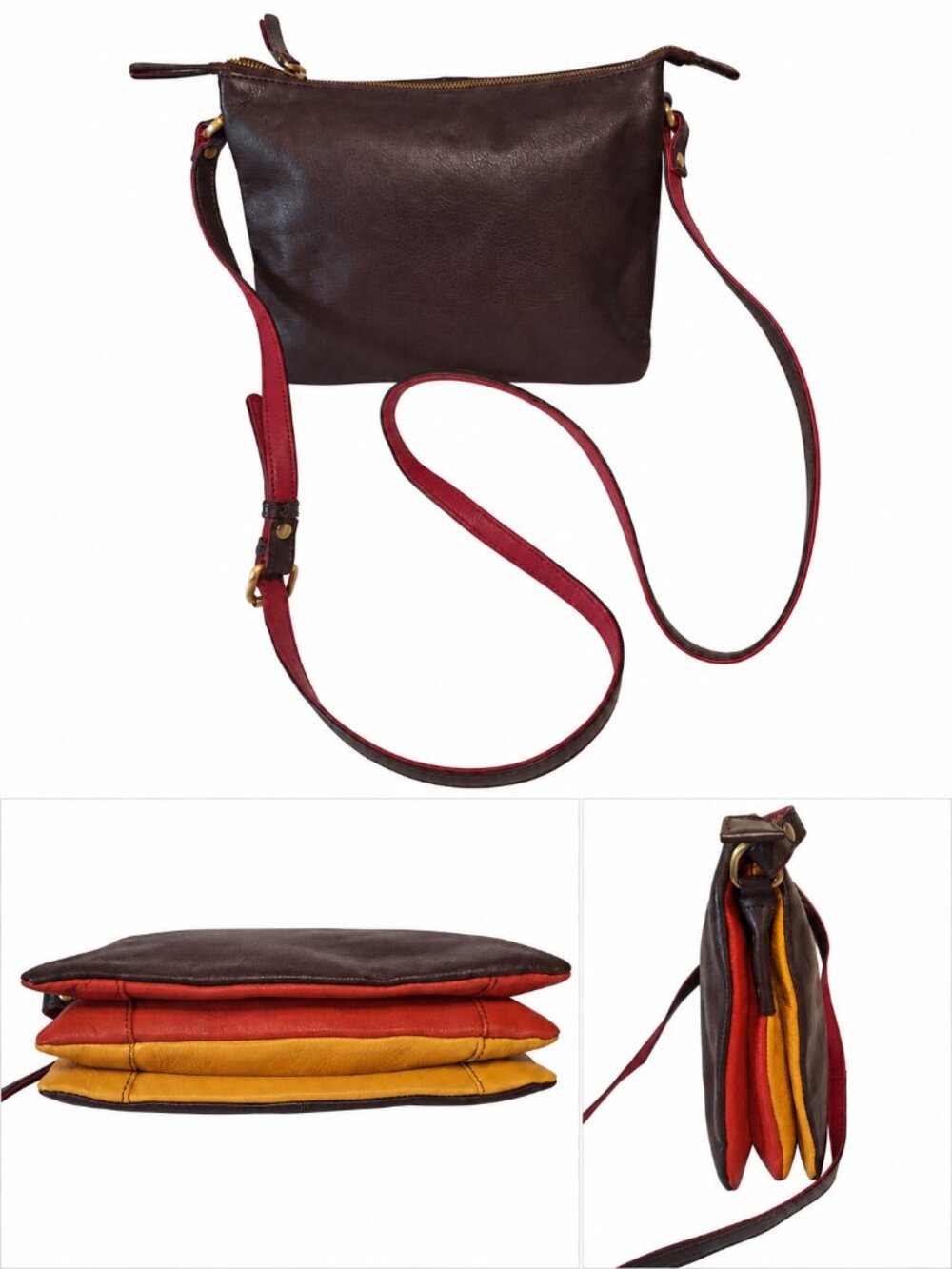 Marta Ponti Leather Brown Tricolor Colorblock Crossbody Bag